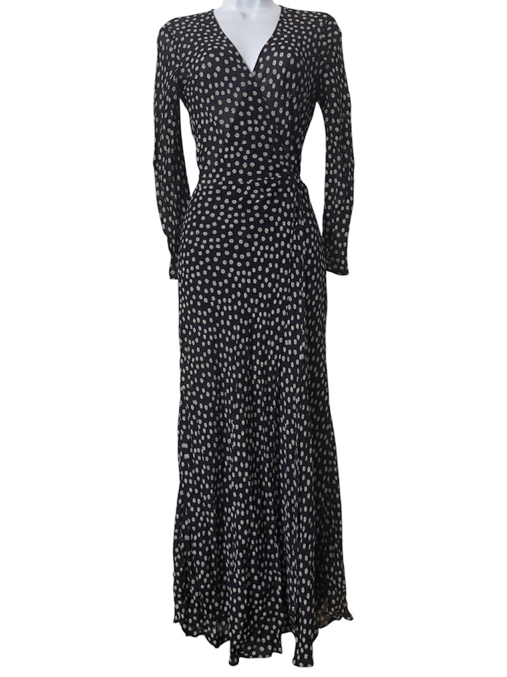 Reformation Wrap Maxi Dress Navy Ditsy Floral Long Sleeve Cottagecore Sz S Sheer